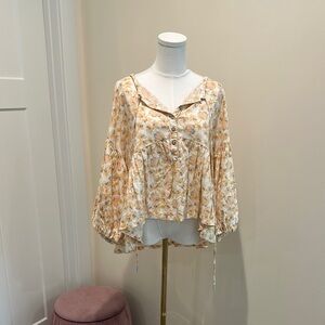We The Free Cream and Orange Asymmetrical Blouse with Sailor Collar